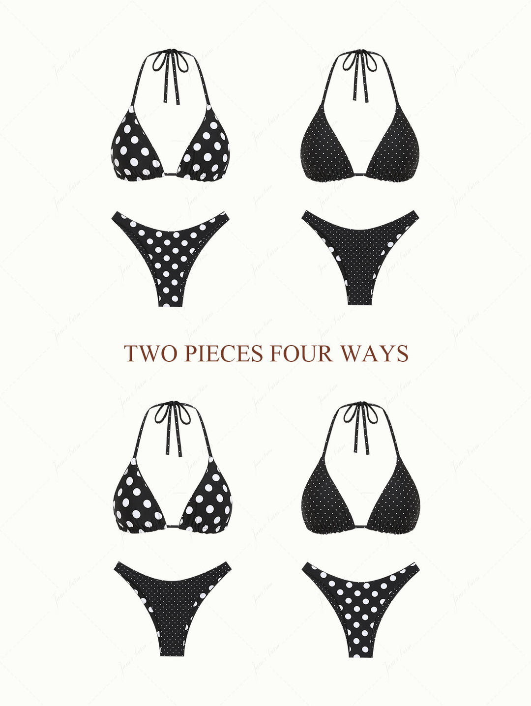 Black Polka Dot Print Halter Triangle Reversible Bikini Set