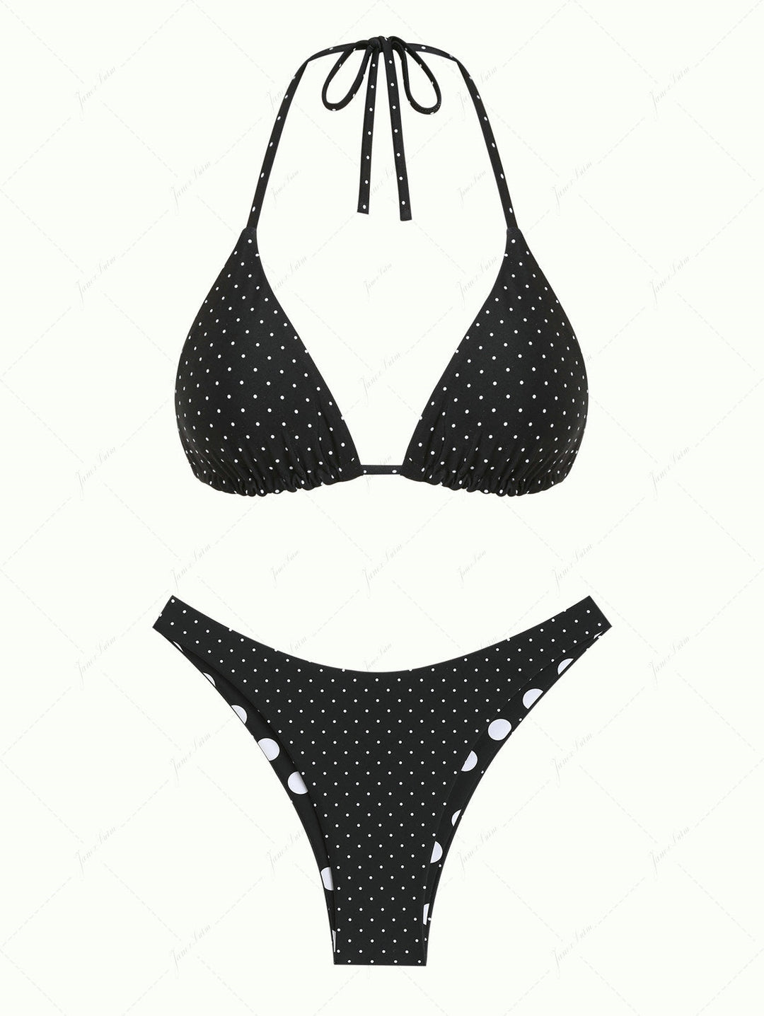 Black Polka Dot Print Halter Triangle Reversible Bikini Set