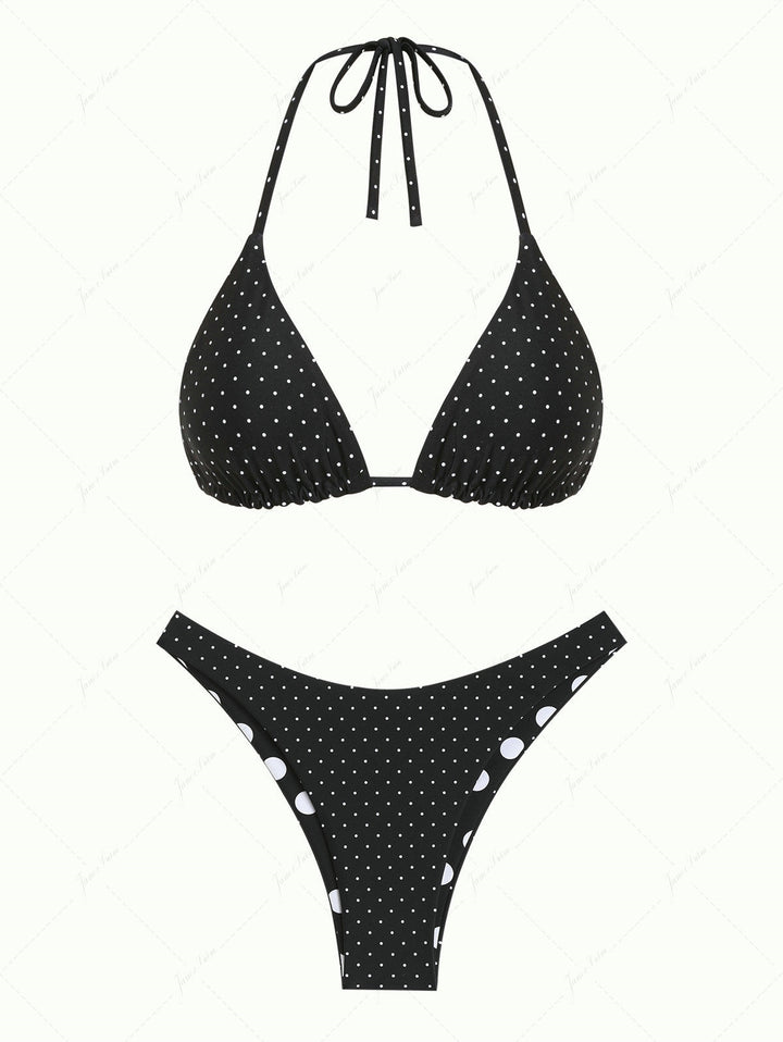Black Polka Dot Print Halter Triangle Reversible Bikini Set