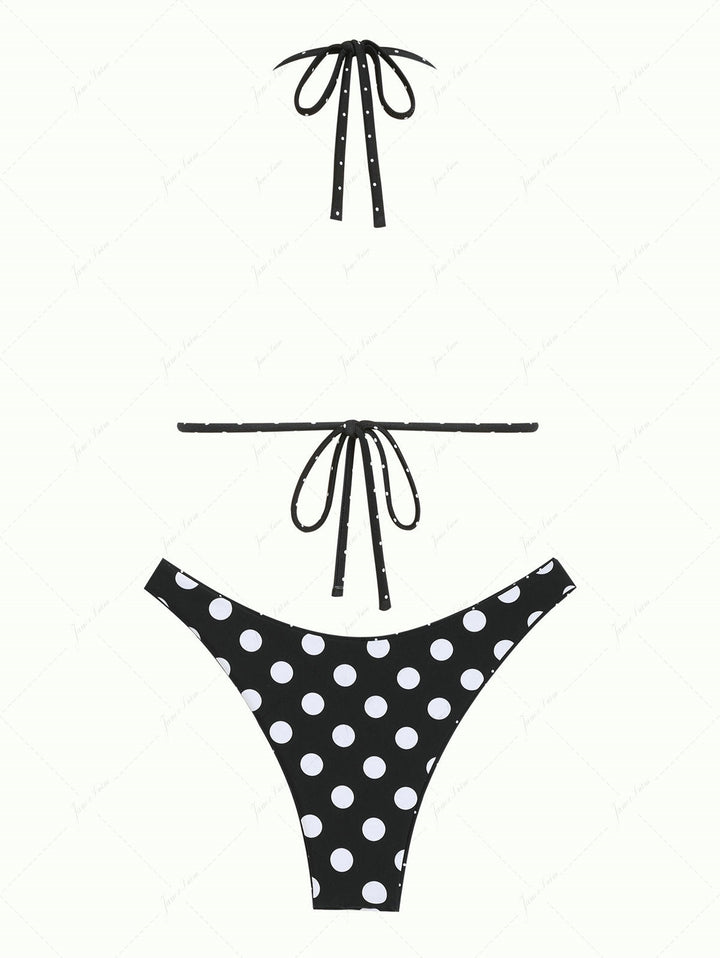 Black Polka Dot Print Halter Triangle Reversible Bikini Set