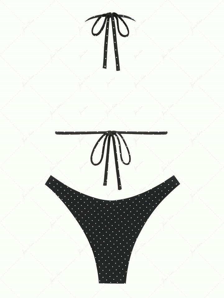 Black Polka Dot Print Halter Triangle Reversible Bikini Set