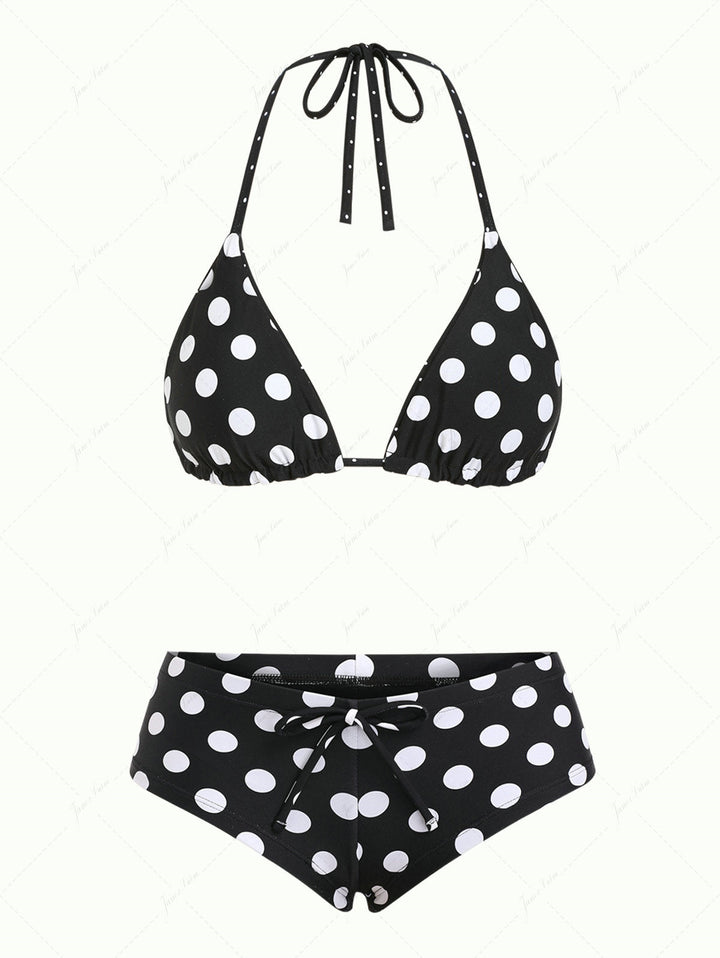 Black Polka Dot Reversible Triangle Top & Cheeky Boyshort Bikini Set