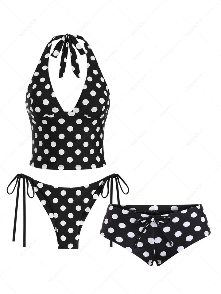 Seamolly 3 Piece Polka Dot Print Halter Brazilian Cheeky Boyshort Tankini Set