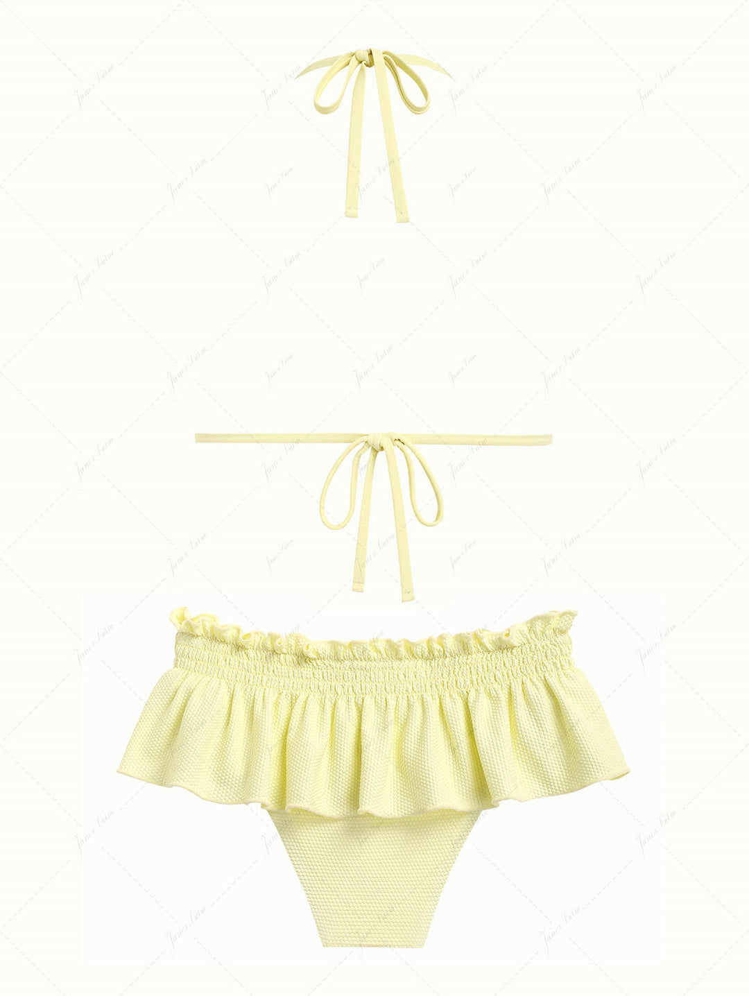 Light Yellow Textured Knit Fabric Lace Bowknot Triangle Skirtini Bikini Set