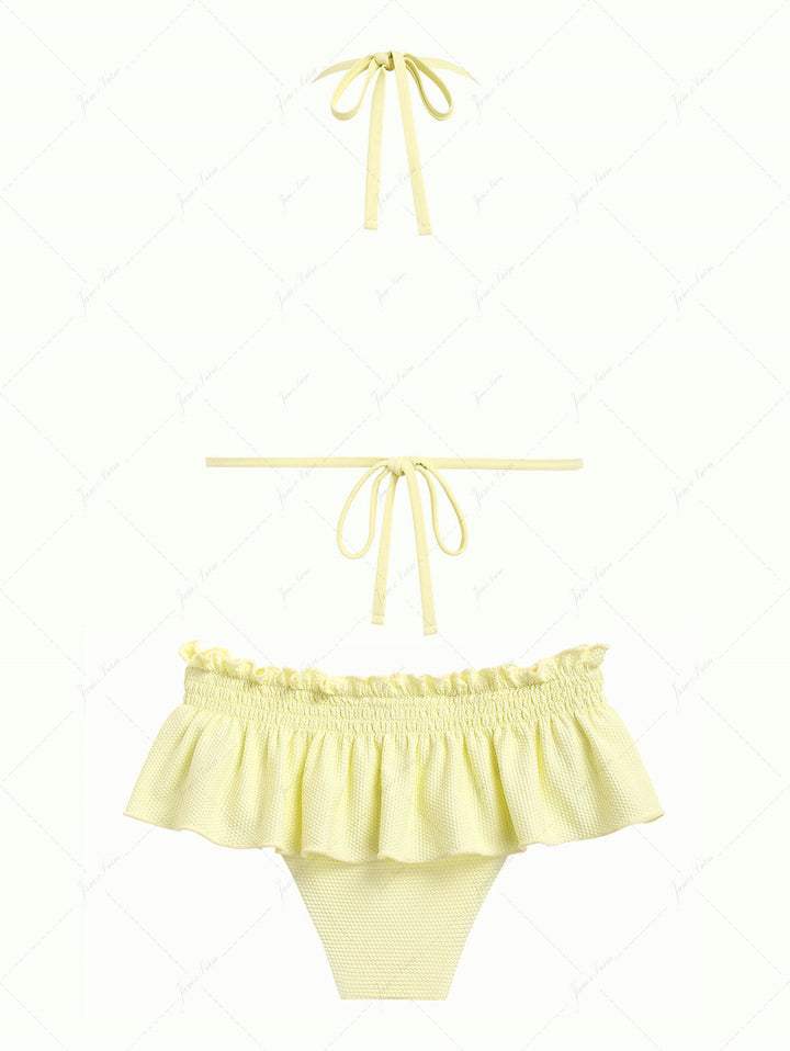 Light Yellow Textured Knit Fabric Lace Bowknot Triangle Skirtini Bikini Set