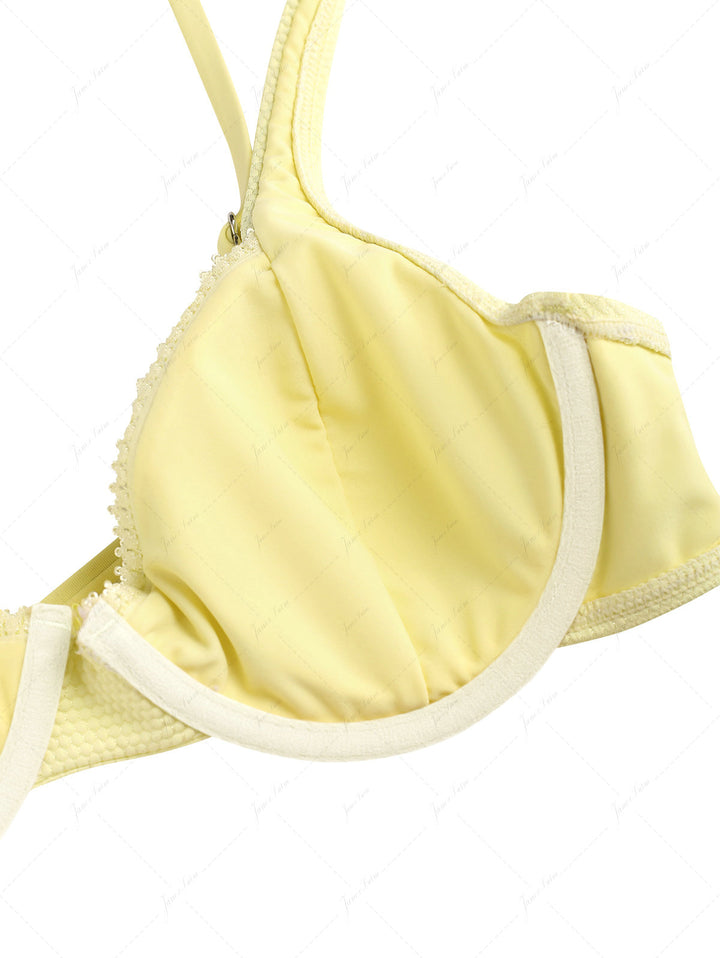 Light Yellow Textured Knit Fabric Lace Bowknot Underwire Skirtini Bikini Set