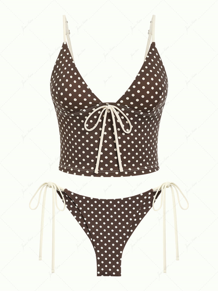 Deep Coffee Polka Dot Bowknot Cami Tank Top & Cheeky Brazilian Bottom Tankini Set