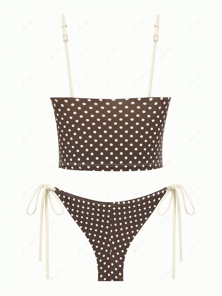 Deep Coffee Polka Dot Bowknot Cami Tank Top & Cheeky Brazilian Bottom Tankini Set
