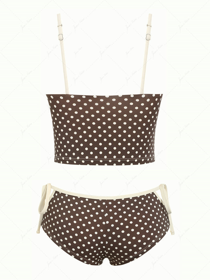 Deep Coffee Polka Dot Bowknot Cami Tank Top & Cheeky Boyshorts Tankini Set