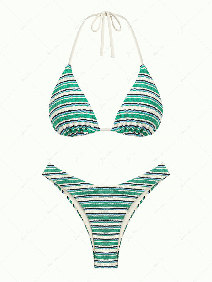 Green Knit Striped Textured Halter Triangle Bikini Set