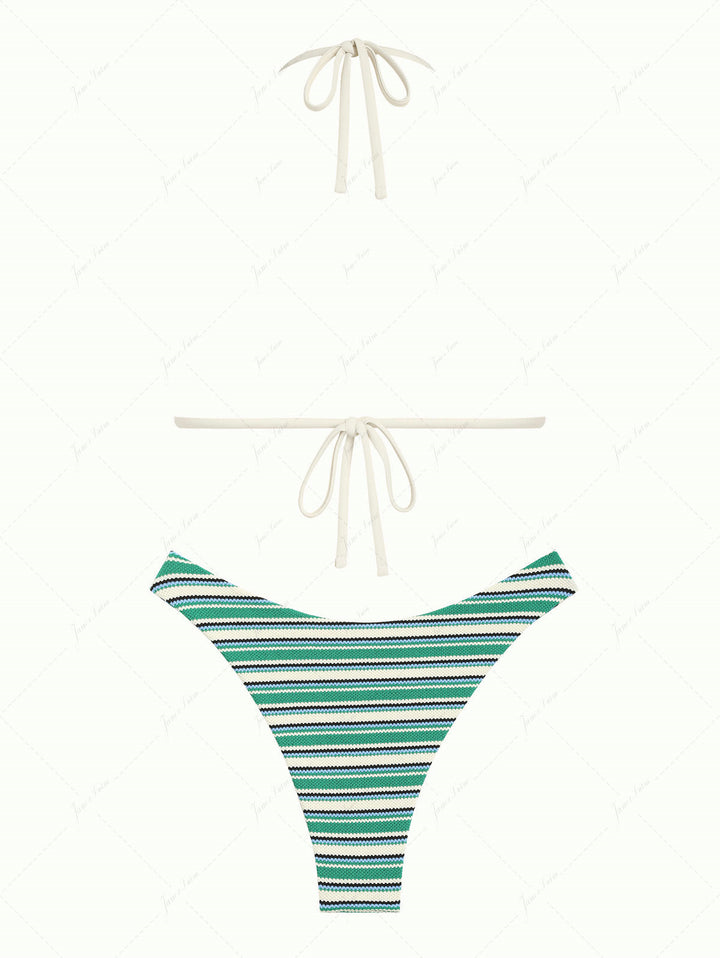 Green Knit Striped Textured Halter Triangle Bikini Set