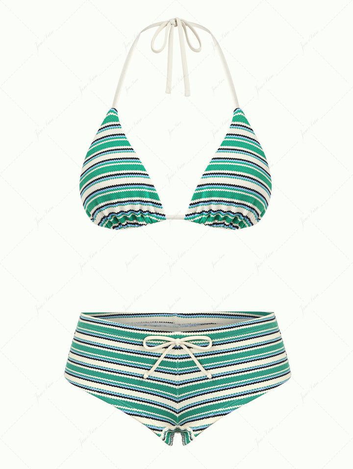 Green Knit Striped Textured Triangle Cheeky Boyshorts Bikini Set