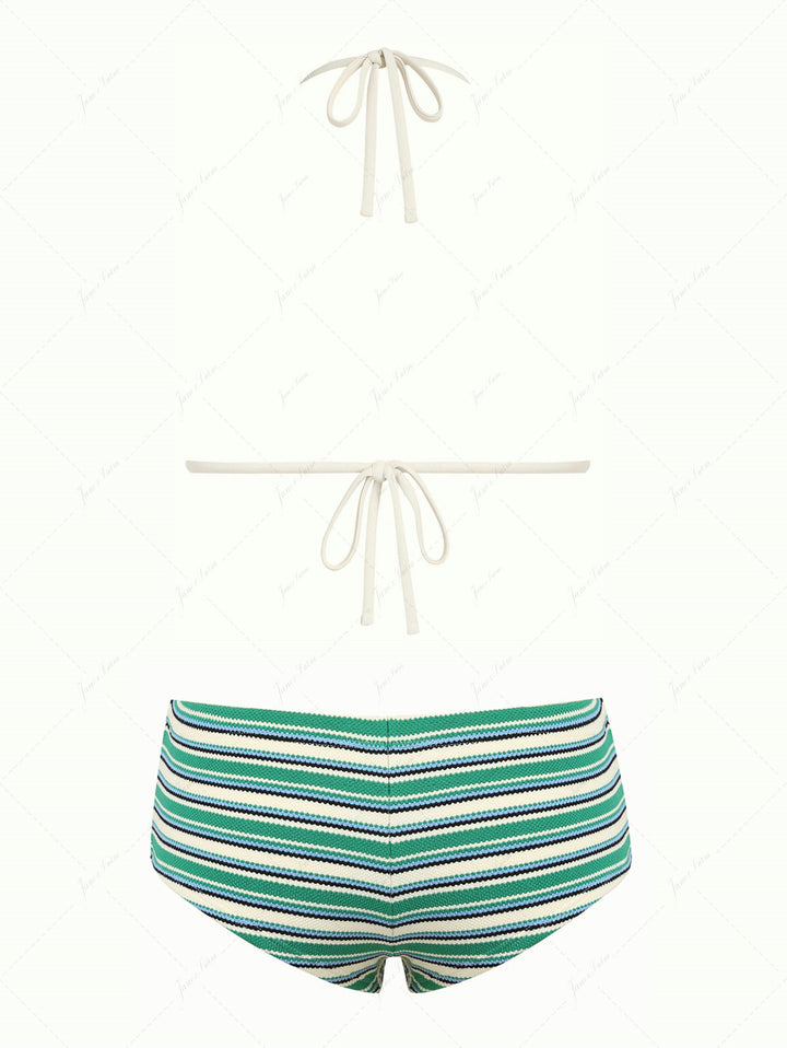 Green Knit Striped Textured Triangle Cheeky Boyshorts Bikini Set