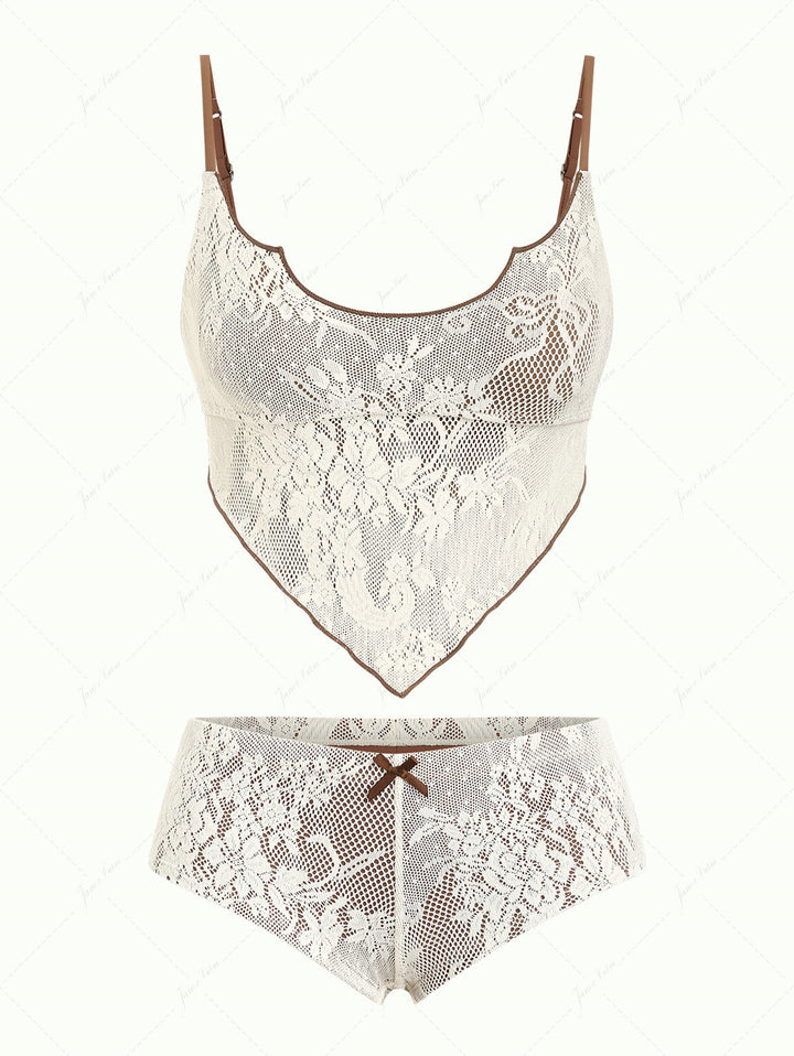 Crystal Cream Lace Contrast Piping Hanky Hem Cheeky Boyshorts Tankini Set