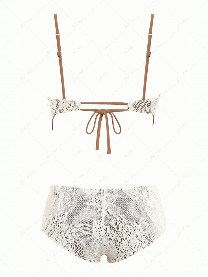 Crystal Cream Lace Contrast Piping Hanky Hem Cheeky Boyshorts Tankini Set