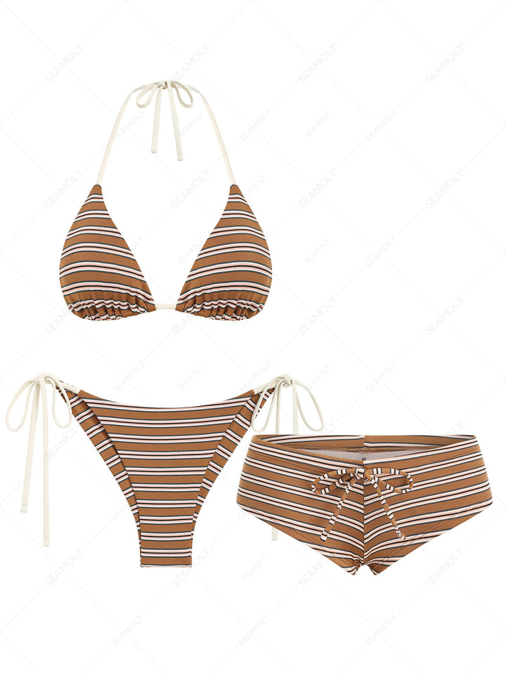 Seamolly 3 Piece Striped Halter Triangle Brazilian Cheeky Boyshort Bikini Set