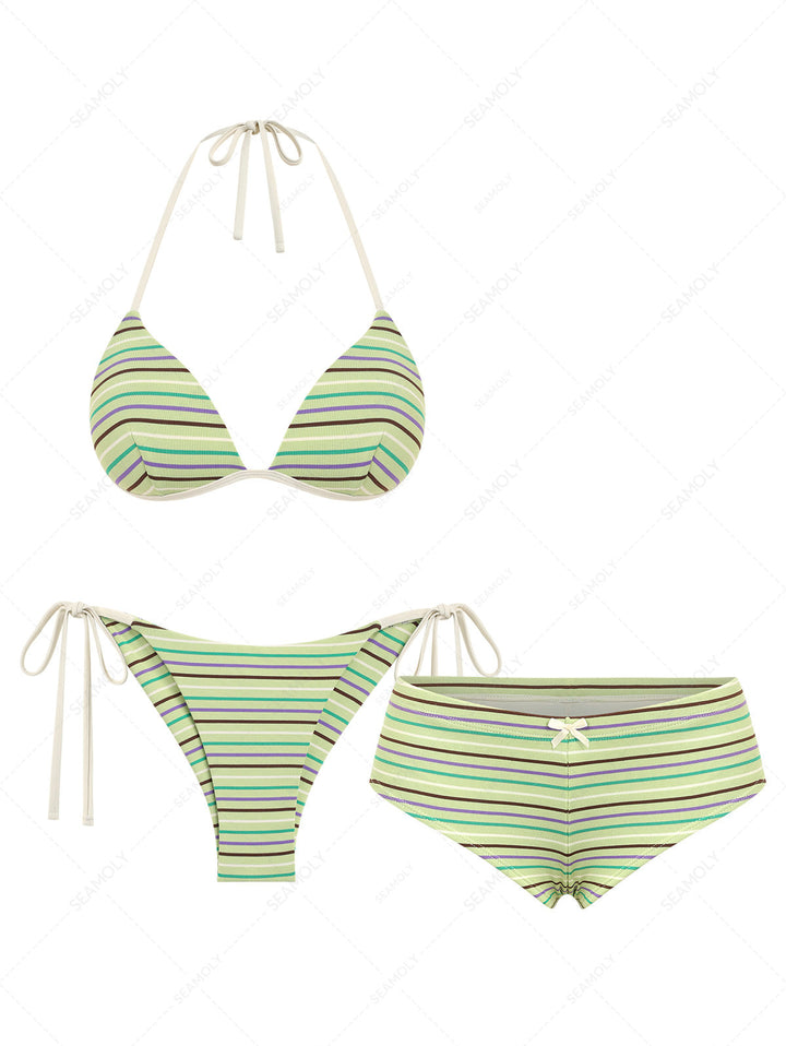Seamolly 3 Piece Striped Triangle Push Up Brazilian Cheeky Boyshort Bikini Set