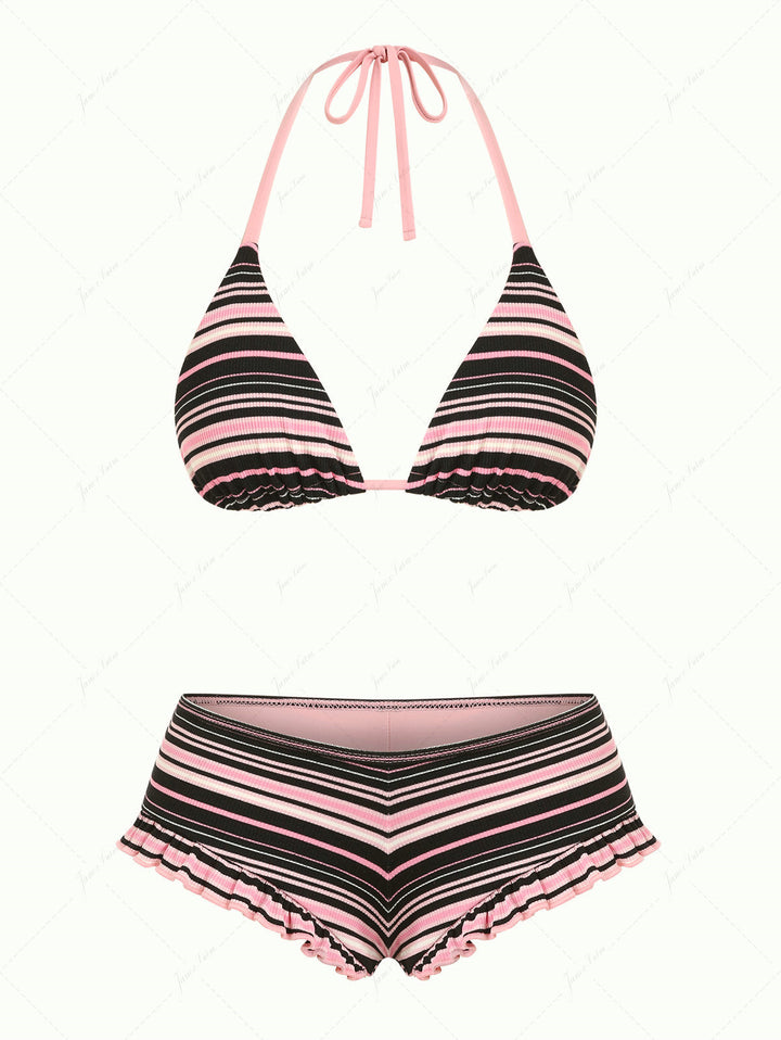 Pink Ribbed Knit Striped Triangle Cheeky Boyshorts Bikini Set