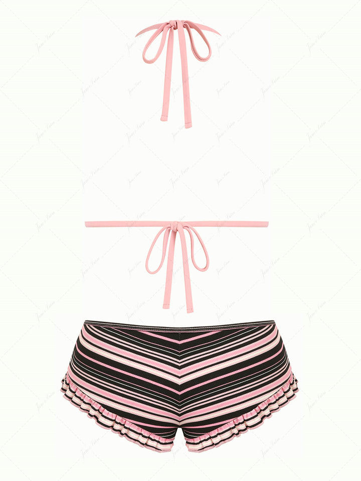 Pink Ribbed Knit Striped Triangle Cheeky Boyshorts Bikini Set