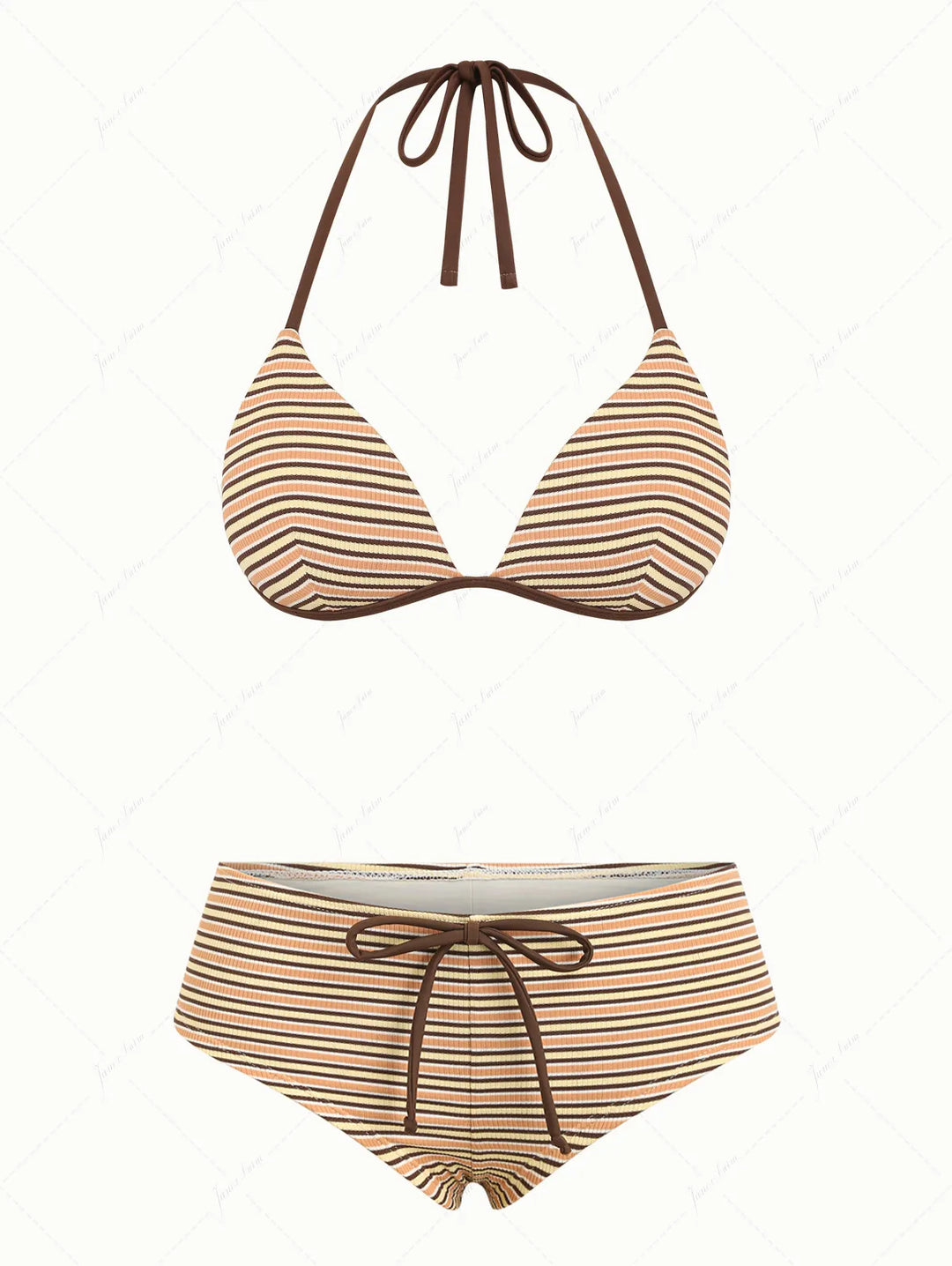 Yellow Ribbed Knit Striped Triangle Push Up Top & Cheeky Boyshorts Bikini Set