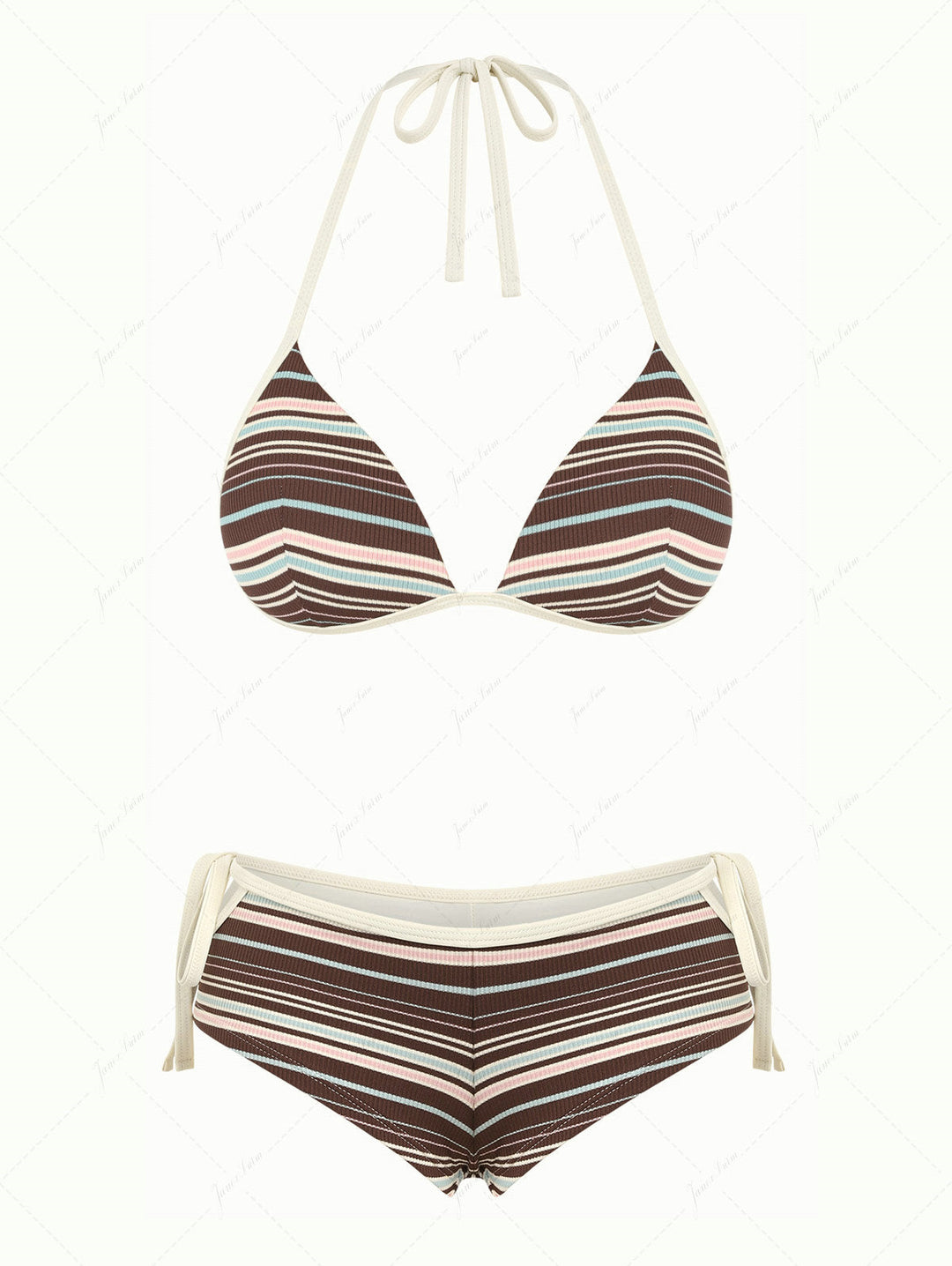 Deep Coffee Ribbed Striped Triangle Push Up Top & Cheeky Boyshorts Bikini Set