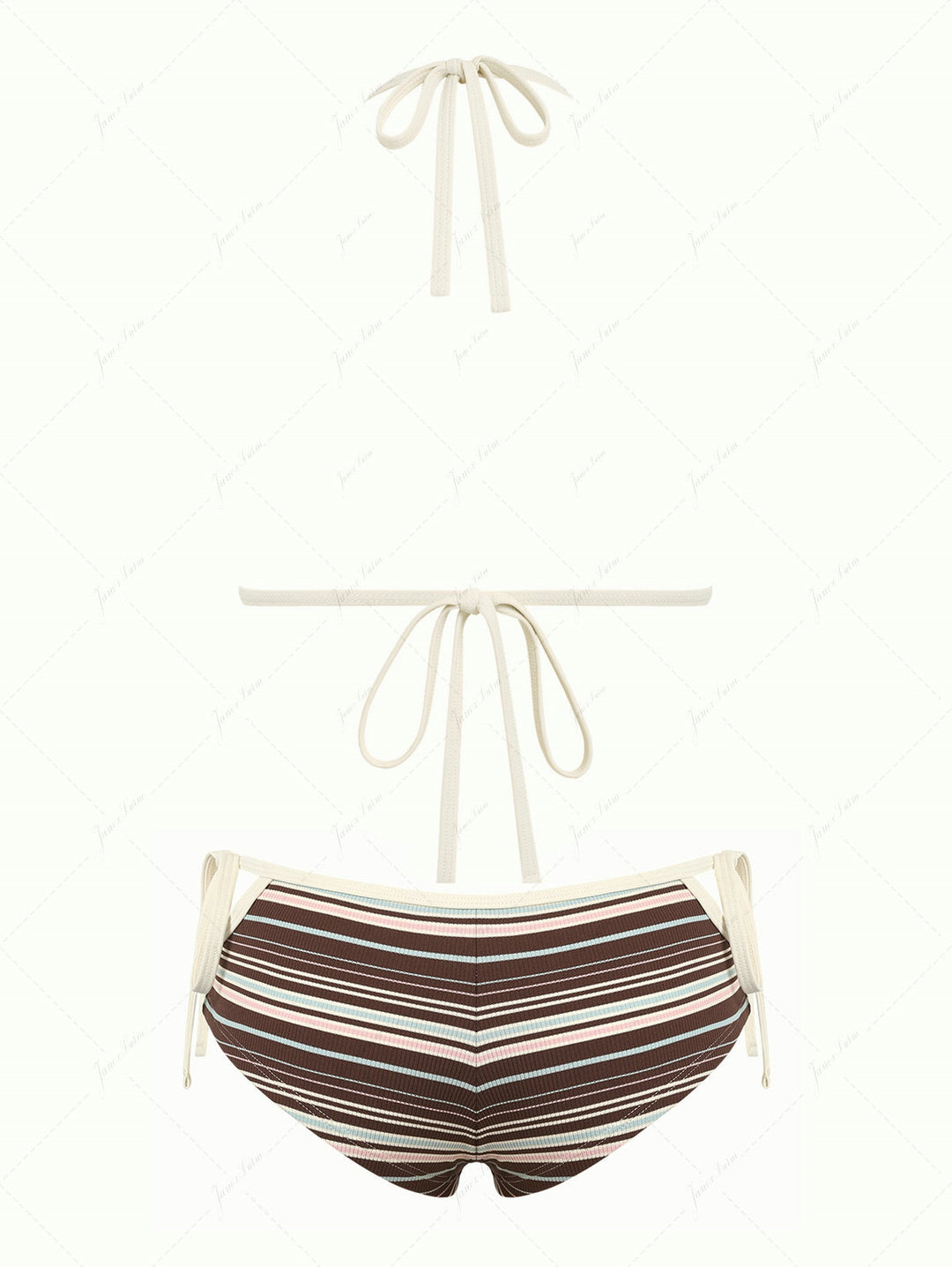 Deep Coffee Ribbed Striped Triangle Push Up Top & Cheeky Boyshorts Bikini Set