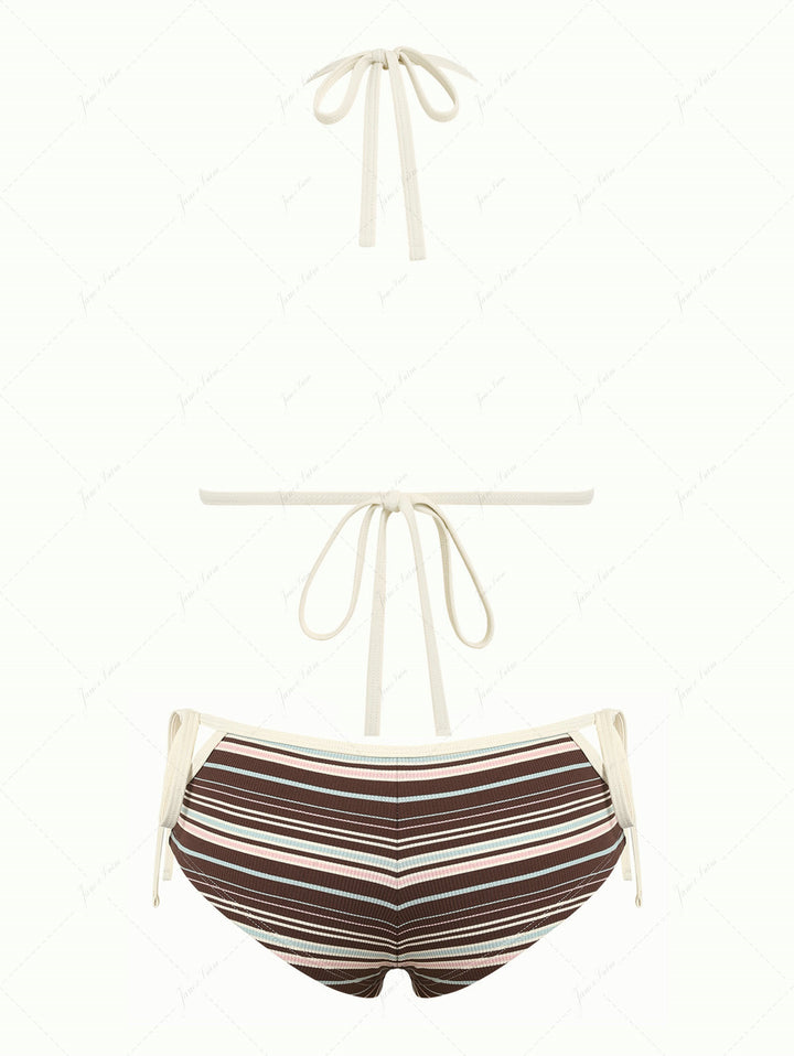 Deep Coffee Ribbed Striped Triangle Push Up Top & Cheeky Boyshorts Bikini Set