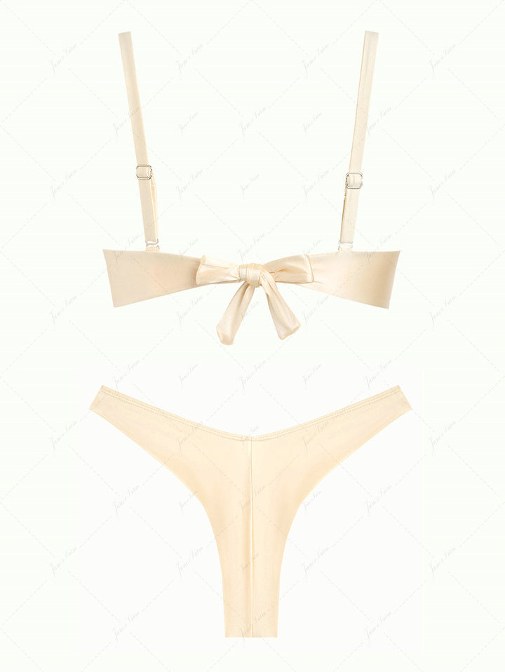 Champagne Satin Ruched Underwire Push Up Top & Cheeky Brazilian Bottom Bikini Set
