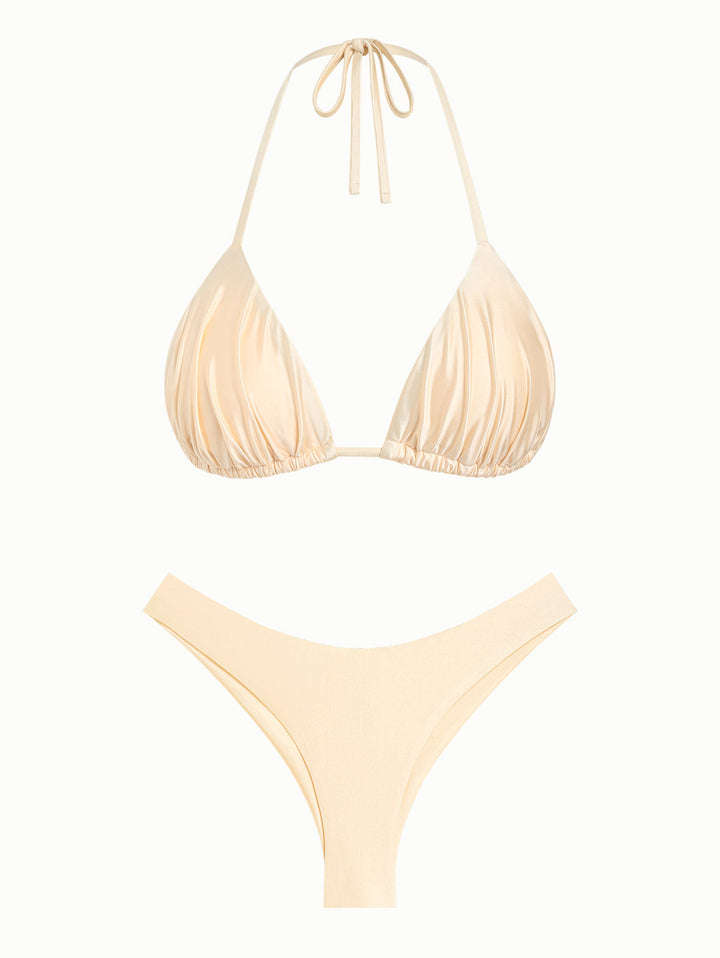 Champagne Satin Solid Color Ruched Triangle Top & Cheeky Brazilian Bottom Bikini Set