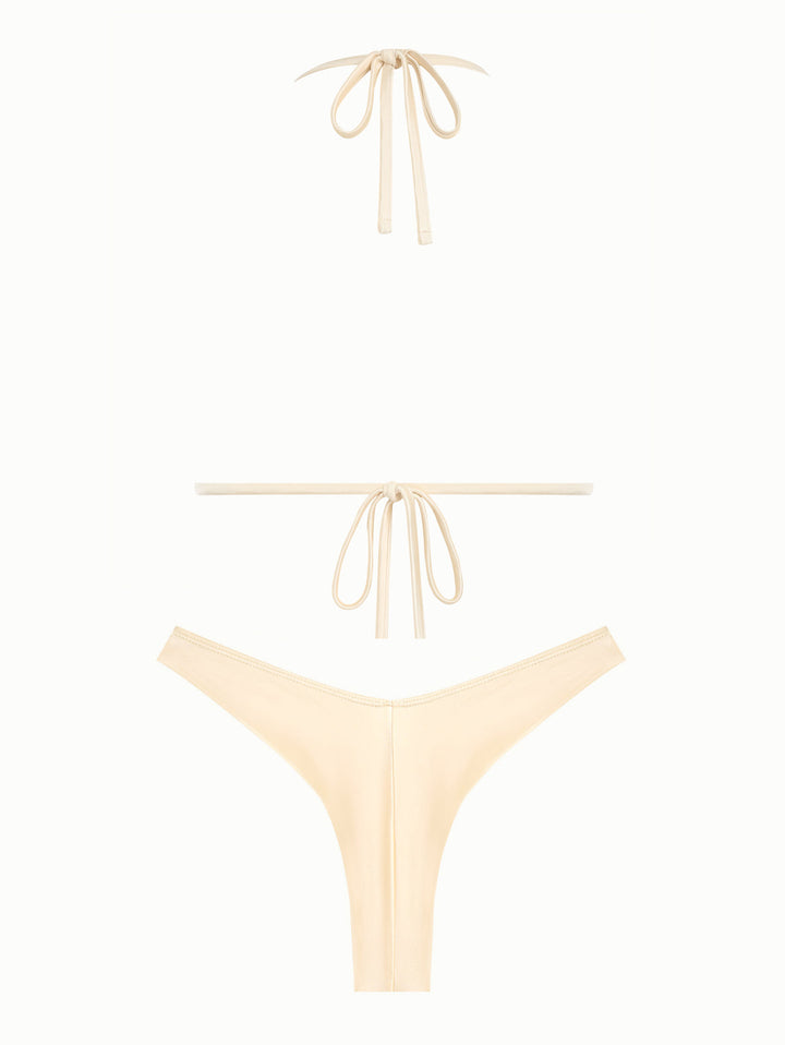 Champagne Satin Solid Color Ruched Triangle Top & Cheeky Brazilian Bottom Bikini Set