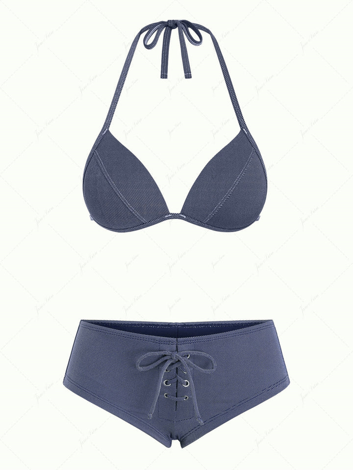 Deep Blue Denim Fabric Triangle Push Up Top & Cheeky Boyshorts Bikini Set
