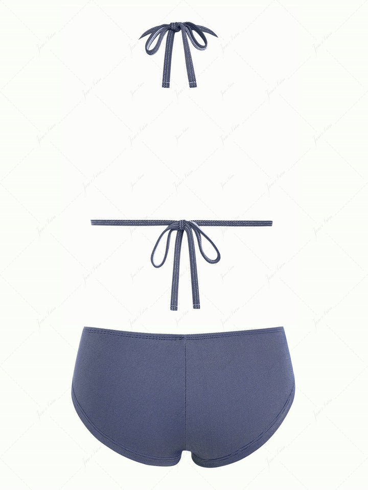 Deep Blue Denim Fabric Triangle Push Up Top & Cheeky Boyshorts Bikini Set