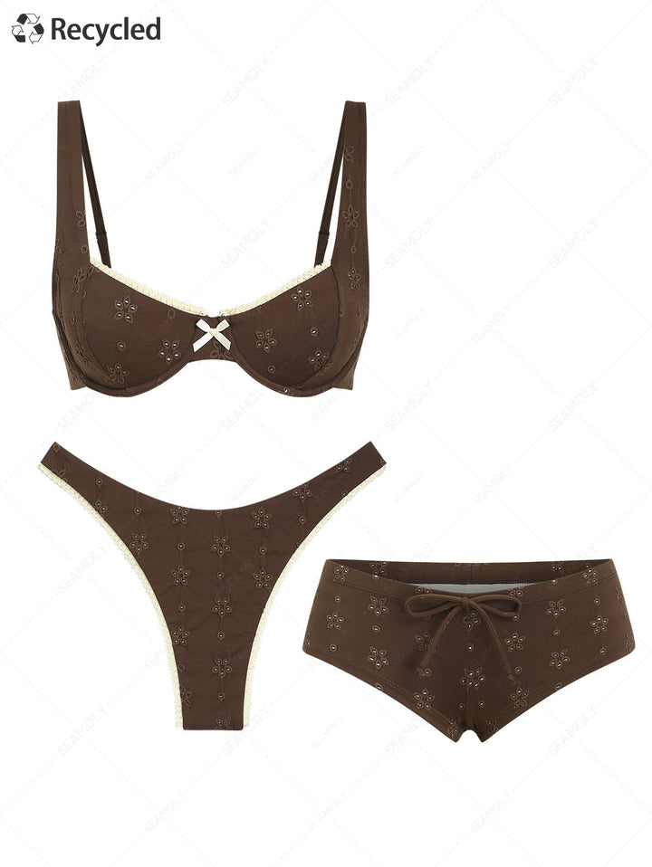 Seamolly 3 Piece Recycled Fabric Eyelet Jacquard Underwire Cheeky Boyshort Bikini Set