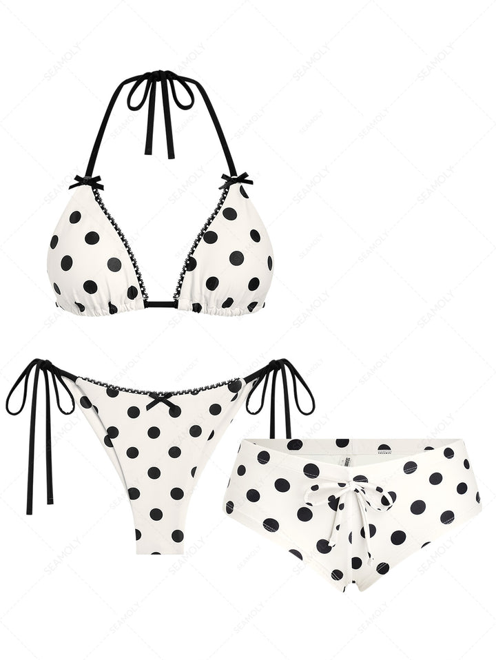 Seamolly 3 Piece Polka Dot Picot Trim Triangle Brazilian Cheeky Boyshort Bikini Set