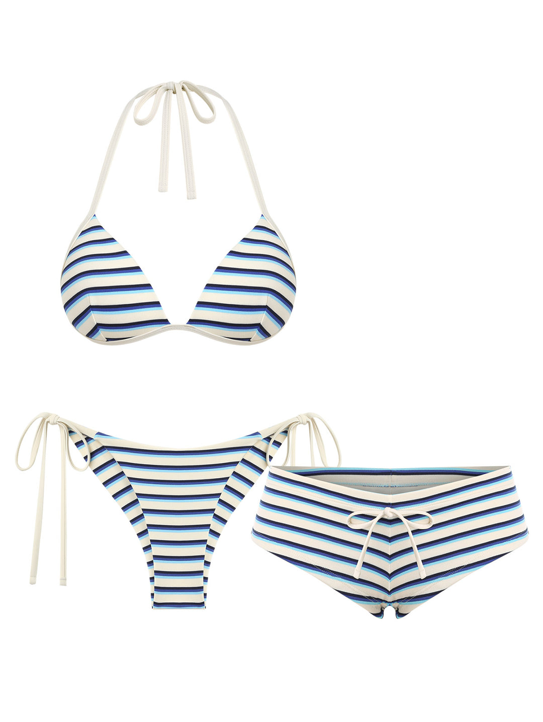 Seamolly 3 Piece Striped Triangle Push Up Brazilian Cheeky Boyshort Bikini Set