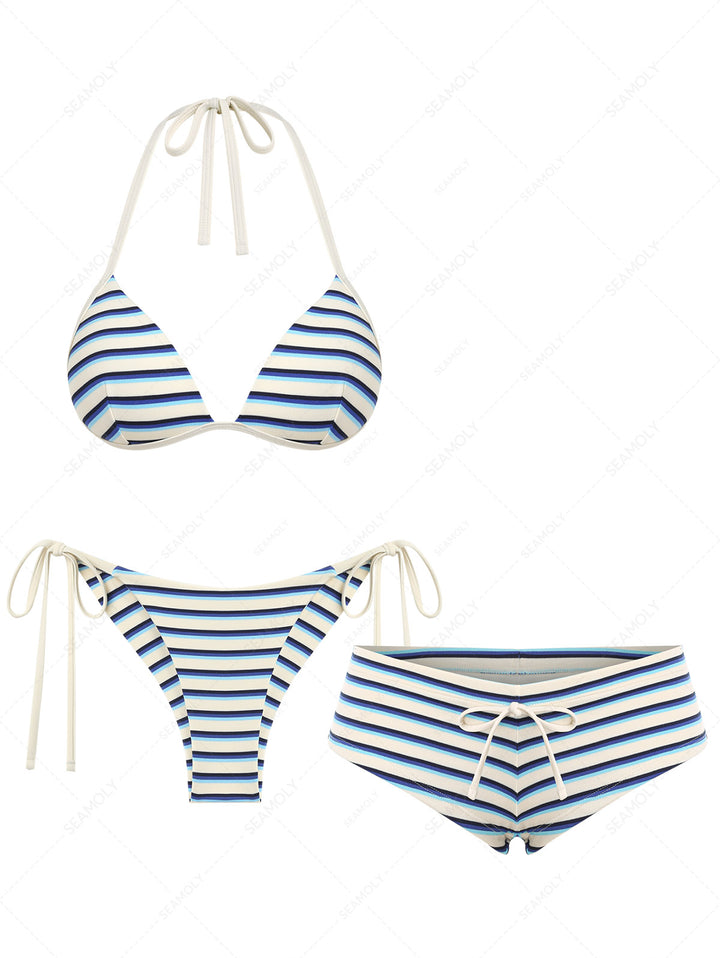 Seamolly 3 Piece Striped Triangle Push Up Brazilian Cheeky Boyshort Bikini Set