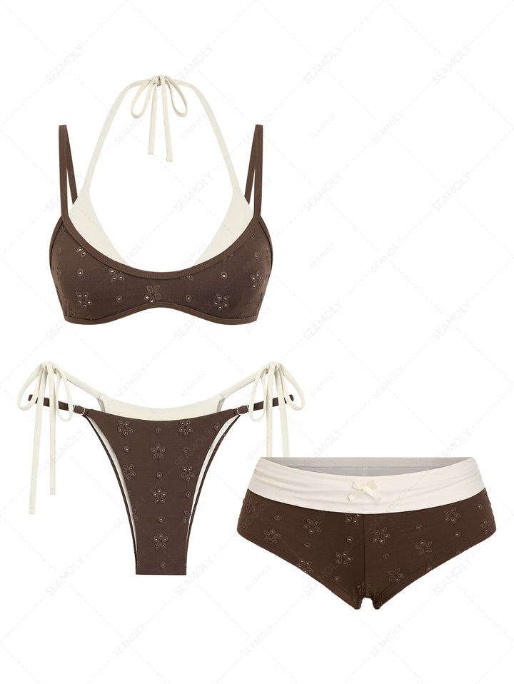Seamolly 3 Piece Recycled Fabric Jacquard String Double Layer Foldover Cheeky Boyshort Bikini Set - Western Style