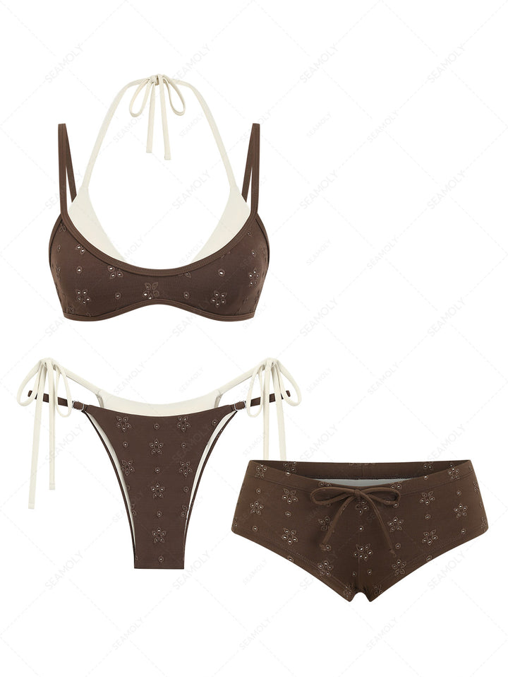 Seamolly 3 Piece Recycled Fabric Jacquard String Double Layer Cheeky Boyshort Bikini Set - Western Style