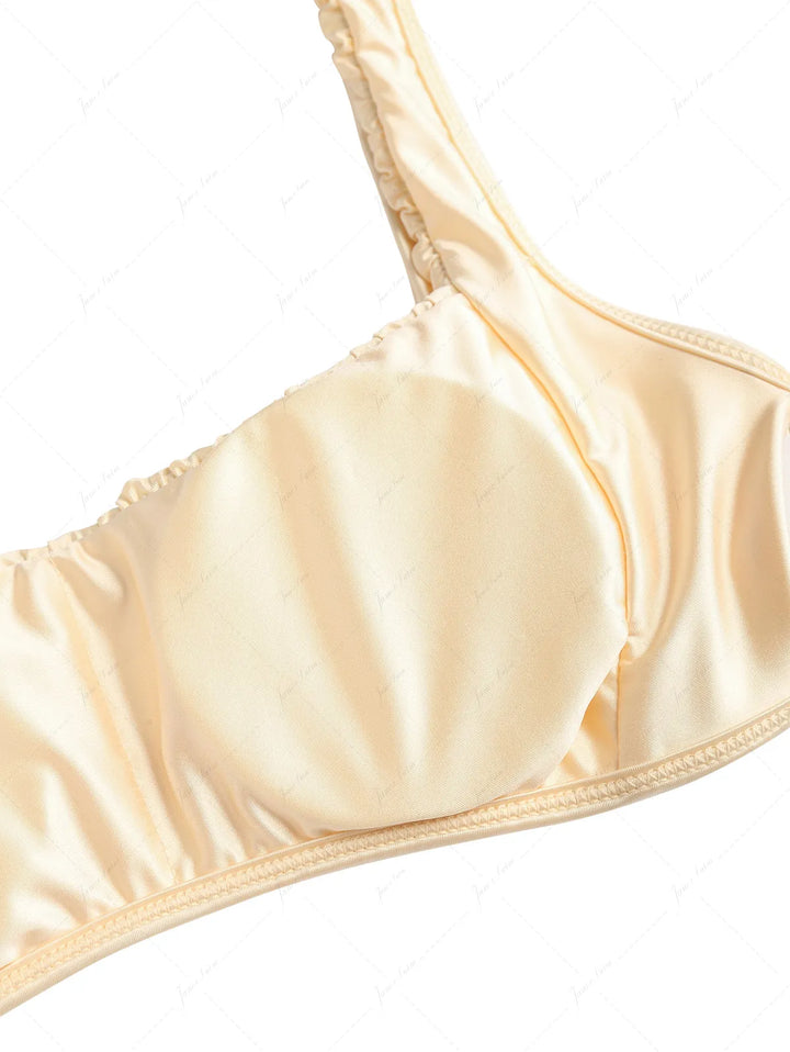 Champagne Satin Solid Color Ruched Bralette Layered Ruffles Skirtini Bikini Set