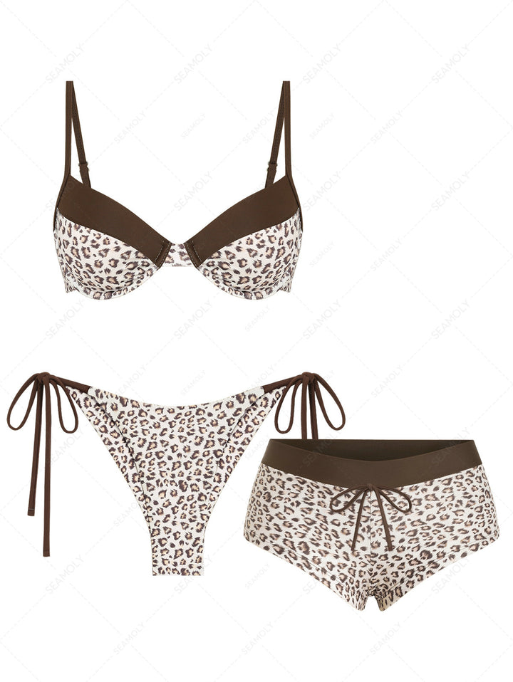 Seamolly 3 Piece Leopard Print Underwire Brazilian Cheeky Boyshort Bikini Set