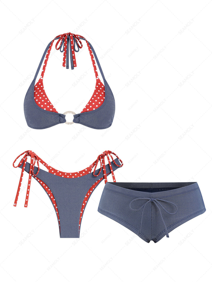 Seamolly 3 Piece Denim Polka Dot O Ring Double Layer Cheeky Boyshort Bikini Set