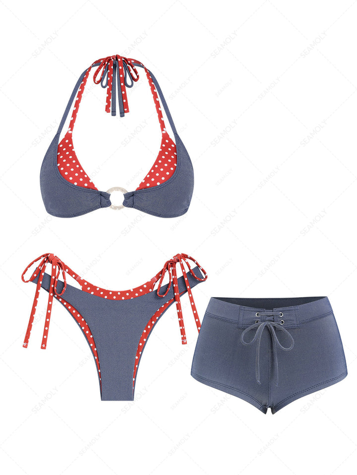 Seamolly 3 Piece Denim Polka Dot Print O Ring Double Layer Cheeky Boyshort Bikini Set