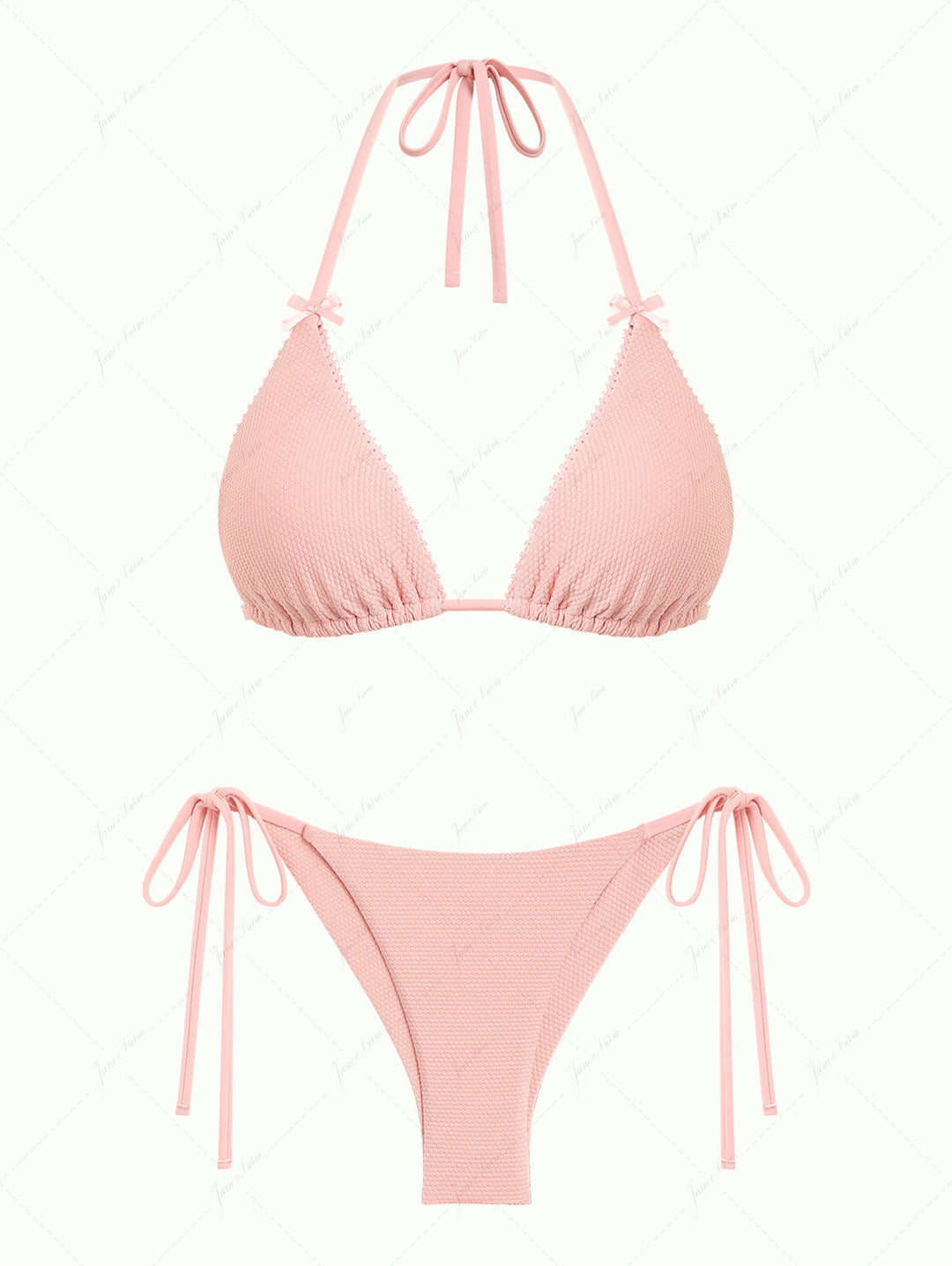 Pink Textured Knit Fabric Halter Triangle Top & Cheeky Brazilian Bottom Bikini Set