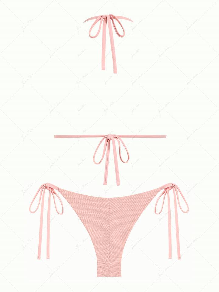 Pink Textured Knit Fabric Halter Triangle Top & Cheeky Brazilian Bottom Bikini Set