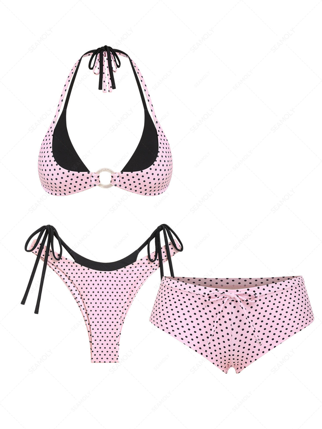 Seamolly 3 Piece Polka Dot Print O Ring Double Layer Cheeky Boyshort Bikini Set