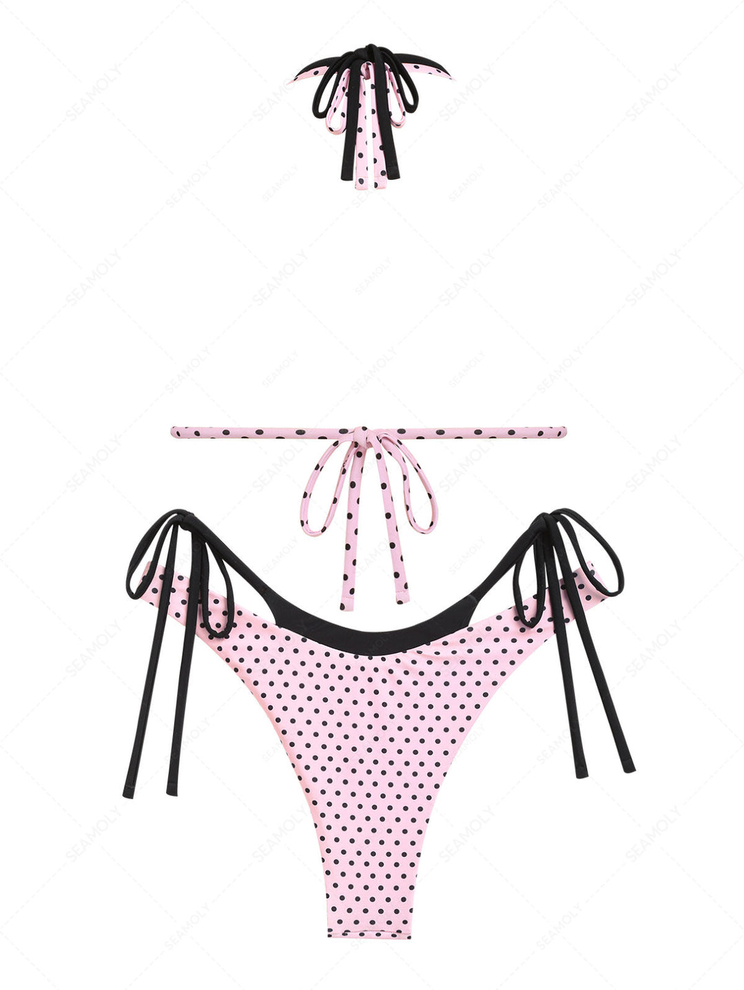 Seamolly 3 Piece Polka Dot Print O Ring Double Layer Cheeky Boyshort Bikini Set