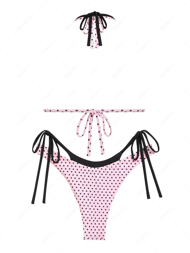 Seamolly 3 Piece Polka Dot Print O Ring Double Layer Cheeky Boyshort Bikini Set