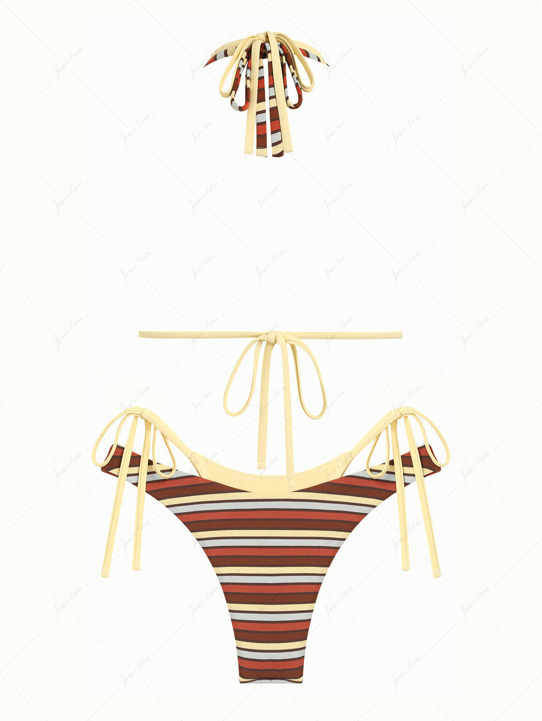 Yellow Contrast Color Ribbed Knit Striped O Ring Double Layer Bikini Set