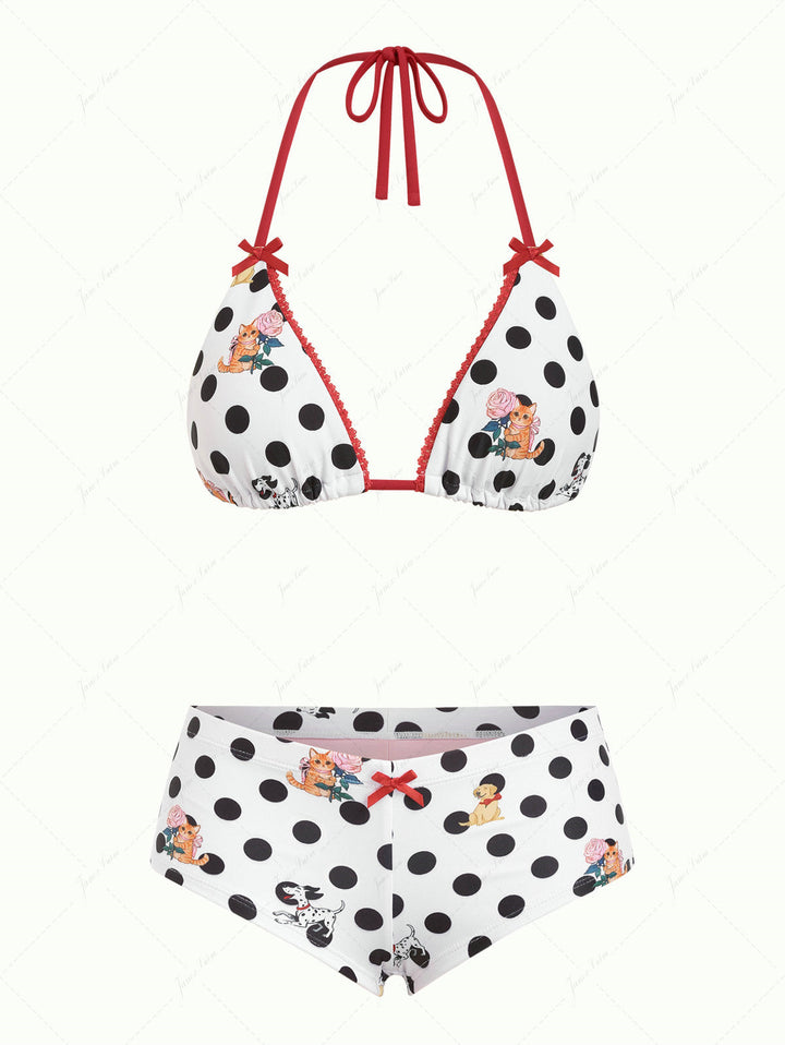 White Polka Dot Animal Print Bowknot Triangle Cheeky Boyshorts Bikini Set