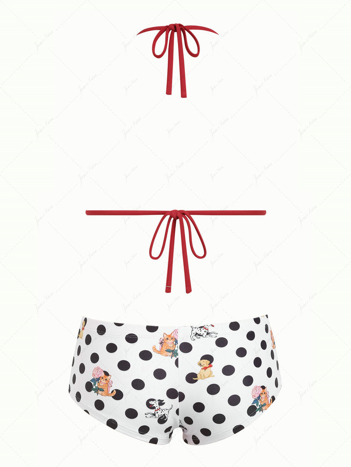 White Polka Dot Animal Print Bowknot Triangle Cheeky Boyshorts Bikini Set